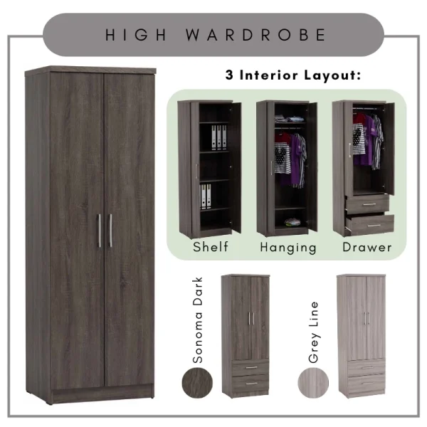Random DUBLIN High Wardrobe File Cabinet Wardrobe With Drawer L60cm W47.5cm H178.5cm