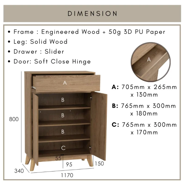 Random HIRADO Multi Function Storage Cabinet with Drawer L117cm W34cm H80cm