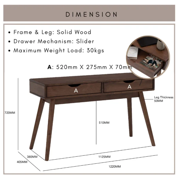 Random LAMAR Full Solid Wooden Console Table With Drawer Side Table L122cm W40.5cm H72cm