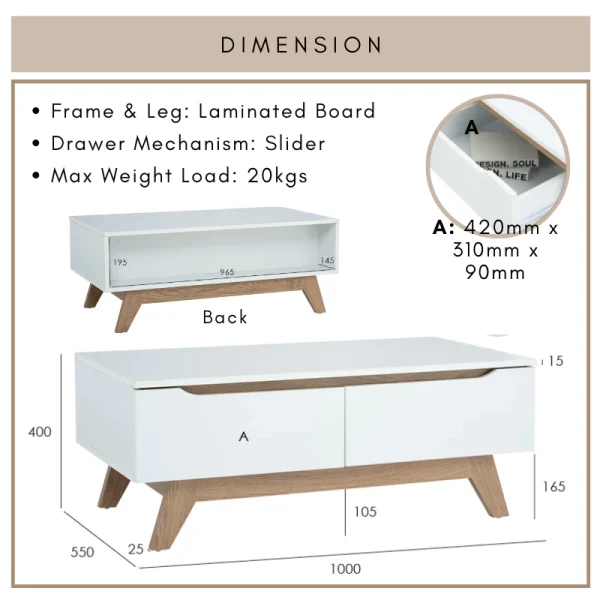 Random MANDO White Coffee Table with Drawer L100cm W55cm H40cm