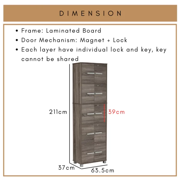 Random NAOMI 10 Door Storage Cabinet with Lock 5 Tier Locker L63.5cm W37cm H211cm