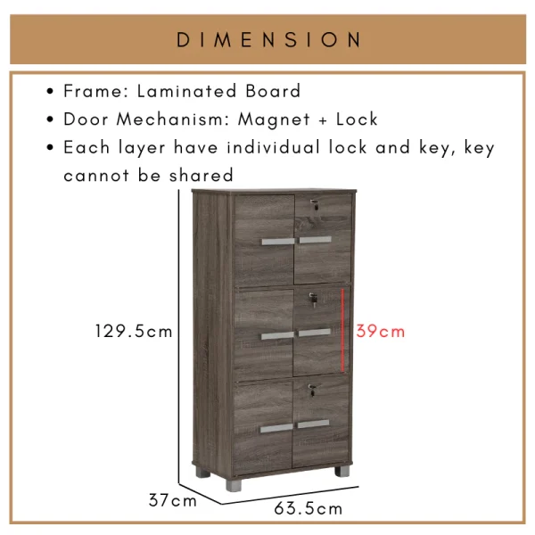 Random NAOMI 6 Door Storage Cabinet with Lock Locker Cabinet L63.5cm W37cm H129.5cm