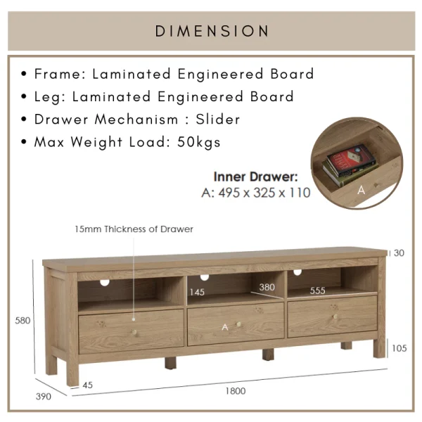 RHODES Wooden TV Cabinet L180cm W39cm H58cm