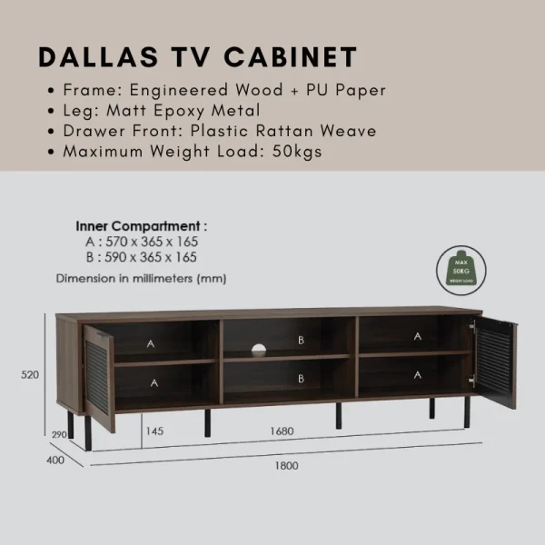 DALLAS PVC Rattan Nordic TV Cabinet L180cm W40cm H52cm