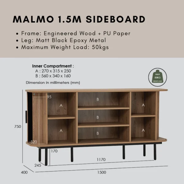 MALMO Sideboard Kitchen Cabinet L150cm W40cm H75cm