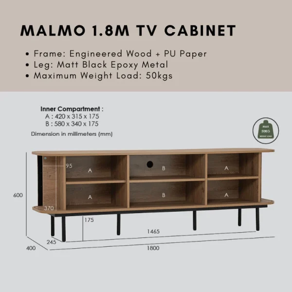 my-11134207-7rasi-mdpgiq0uqrb3da.webp MALMO 180cm TV Cabinet Sliding Door Metal Leg L180cm W40cm H60cm