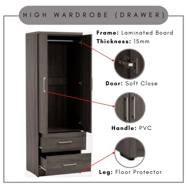 Random DUBLIN High Wardrobe File Cabinet Wardrobe With Drawer L60cm W47.5cm H178.5cm